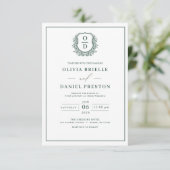 Emerald Green Leafy Crest Monogram Elegante bruilo Kaart (Staand voorkant)