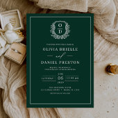 Emerald Green Leafy Crest Monogram Elegante bruilo Kaart