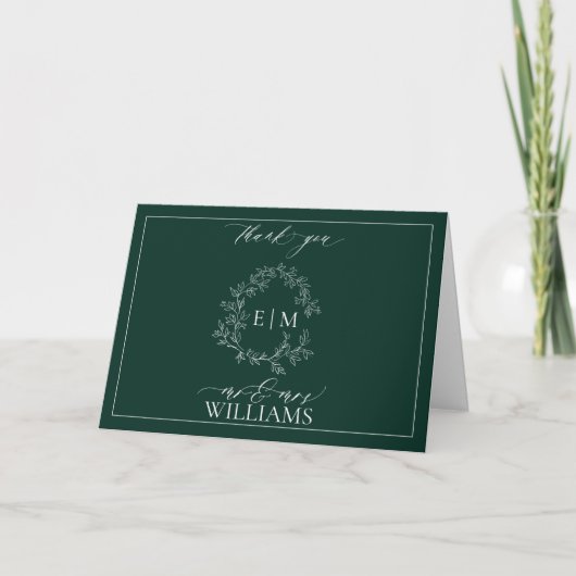 Emerald Green Leafy Crest Monogram Foto bedankt Kaart (Voorkant)