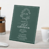 Emerald Green Leafy Crest Monogram Foto Guestbook Reclamebord Met Voetstuk (Insitu)