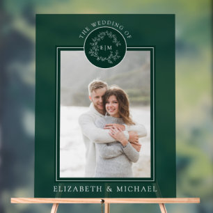 Emerald Green Leafy Crest Monogram Foto Weddenscha Acryl Bord