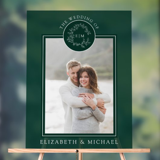 Emerald Green Leafy Crest Monogram Foto Weddenscha Acryl Bord (Neutraal)