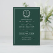 Emerald Green Leafy Crest Monogram Foto Weddenscha Kaart (Staand voorkant)