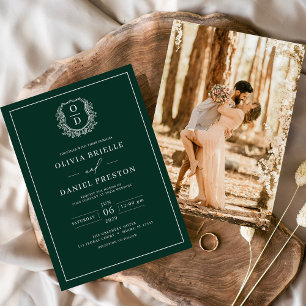 Emerald Green Leafy Crest Monogram Foto Weddenscha Kaart