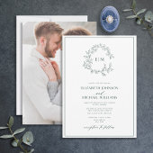 Emerald Green Leafy Crest Monogram Foto Weddenscha Kaart