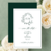 Emerald Green Leafy Crest Monogram Save the Date Kaart
