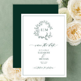Emerald Green Leafy Crest Monogram Save the Date Kaart