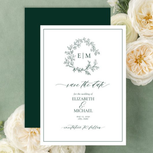 Emerald Green Leafy Crest Monogram Save the Date Kaart