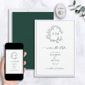 Emerald Green Leafy Crest Monogram Save the Date Kaart
