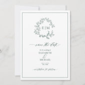 Emerald Green Leafy Crest Monogram Save the Date Kaart (Voorkant)
