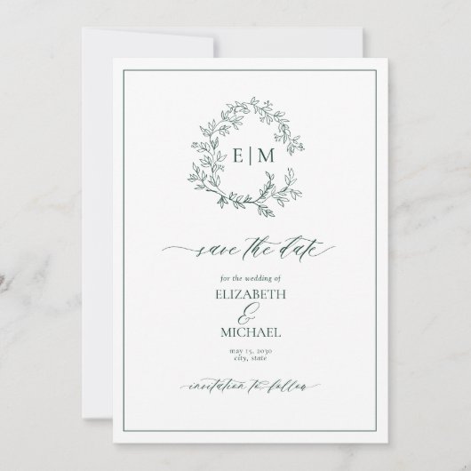 Emerald Green Leafy Crest Monogram Save the Date Kaart (Voorkant)