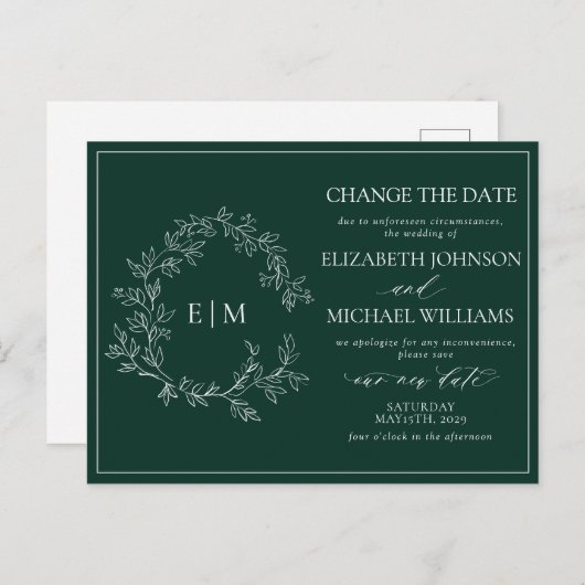 Emerald Green Leafy Crest Monogram Uitnodiging Briefkaart (Voorkant / Achterkant)