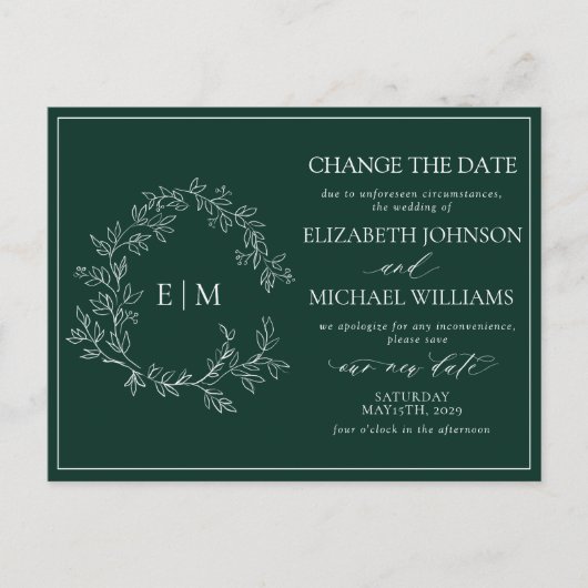 Emerald Green Leafy Crest Monogram Uitnodiging Briefkaart (Voorkant)