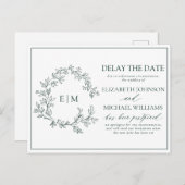 Emerald Green Leafy Crest Monogram Vertraging Datu Uitnodiging Briefkaart (Voorkant / Achterkant)