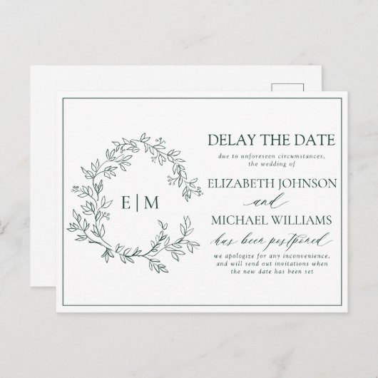 Emerald Green Leafy Crest Monogram Vertraging Datu Uitnodiging Briefkaart (Voorkant / Achterkant)