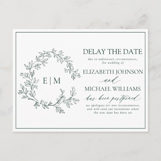 Emerald Green Leafy Crest Monogram Vertraging Datu Uitnodiging Briefkaart (Voorkant)