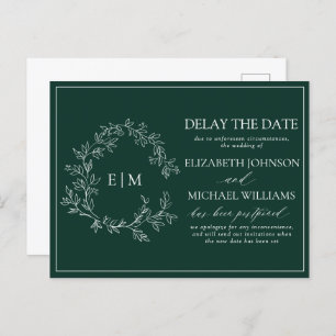 Emerald Green Leafy Crest Monogram Vertraging Datu Uitnodiging Briefkaart
