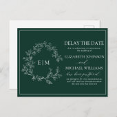 Emerald Green Leafy Crest Monogram Vertraging Datu Uitnodiging Briefkaart (Voorkant / Achterkant)