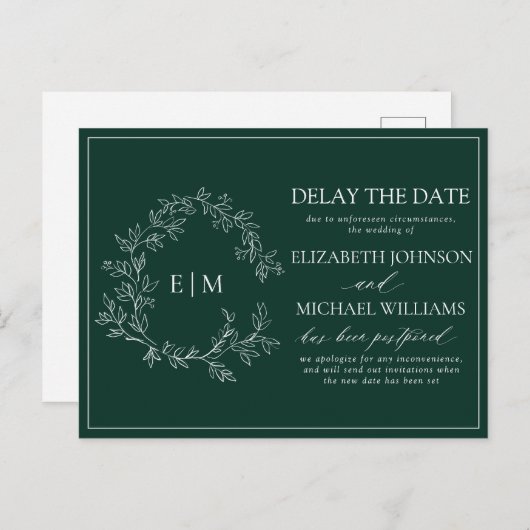 Emerald Green Leafy Crest Monogram Vertraging Datu Uitnodiging Briefkaart (Voorkant / Achterkant)