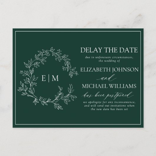 Emerald Green Leafy Crest Monogram Vertraging Datu Uitnodiging Briefkaart (Voorkant)