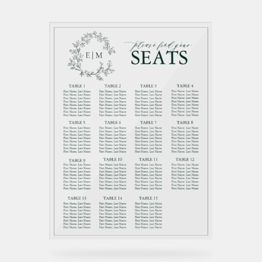 Emerald Green Leafy Crest Monogram Weddenschap Acryl Bord (Voorkant)