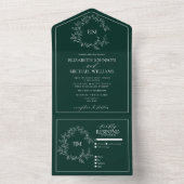 Emerald Green Leafy Crest Monogram Weddenschap All In One Uitnodiging (Binnen)