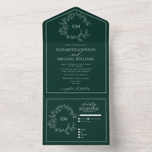 Emerald Green Leafy Crest Monogram Weddenschap All In One Uitnodiging (Binnen)
