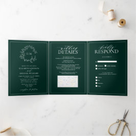 Emerald Green Leafy Crest Monogram Weddenschap Drieluik Uitnodiging