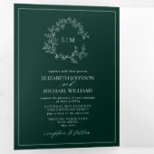 Emerald Green Leafy Crest Monogram Weddenschap Drieluik Uitnodiging (Binnenzijde eerst)