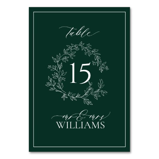 Emerald Green Leafy Crest Monogram Weddenschap Kaart (Achterkant)