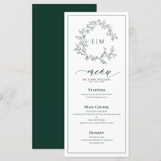 Emerald Green Leafy Crest Monogram Weddenschap Men Menu (Voorkant / Achterkant)
