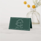 Emerald Green Leafy Crest Monogram Weddenschap Plaatskaartje (Achterkant)