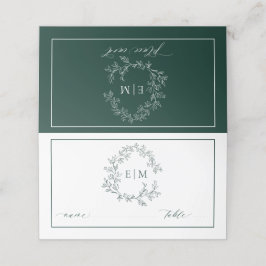 Emerald Green Leafy Crest Monogram Weddenschap Plaatskaartje