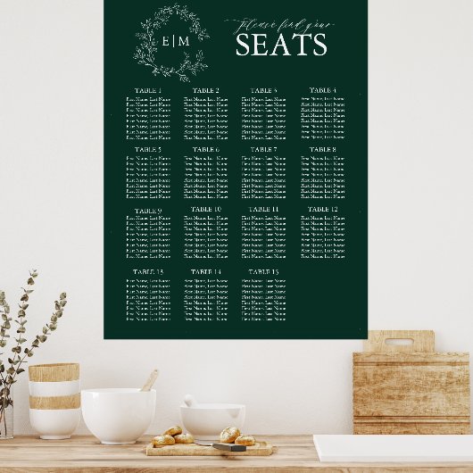 Emerald Green Leafy Crest Monogram Weddenschap Poster (Keuken)