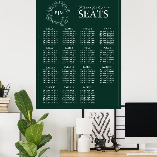Emerald Green Leafy Crest Monogram Weddenschap Poster (Thuiskantoor)