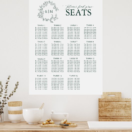 Emerald Green Leafy Crest Monogram Weddenschap Poster (Keuken)