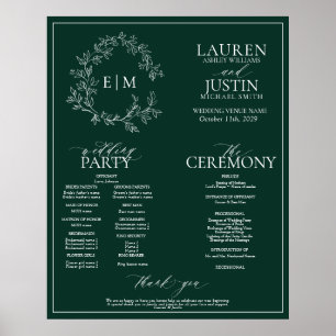 Emerald Green Leafy Crest Monogram Wedding Program Poster