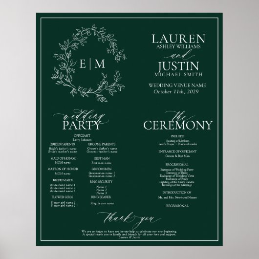 Emerald Green Leafy Crest Monogram Wedding Program Poster (Voorkant)