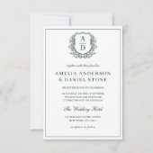 Emerald Green Leafy Crest Monogram Wedding QR-code Kaart (Voorkant)