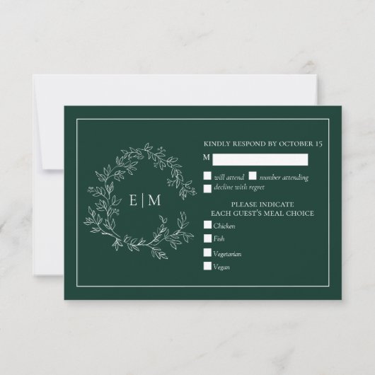 Emerald Green Leafy Crest Monogram Wedding RSVP (Achterkant)