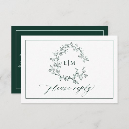 Emerald Green Leafy Crest Monogram Wedding RSVP (Voorkant / Achterkant)