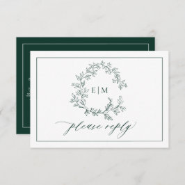 Emerald Green Leafy Crest Monogram Wedding RSVP
