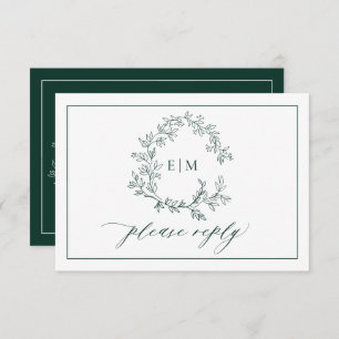 Emerald Green Leafy Crest Monogram Wedding RSVP