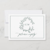 Emerald Green Leafy Crest Monogram Wedding RSVP (Voorkant)