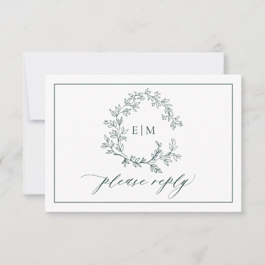 Emerald Green Leafy Crest Monogram Wedding RSVP (Voorkant)
