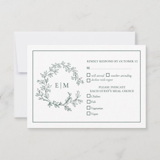 Emerald Green Leafy Crest Monogram Wedding RSVP (Achterkant)