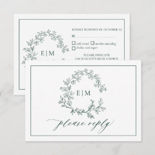 Emerald Green Leafy Crest Monogram Wedding RSVP