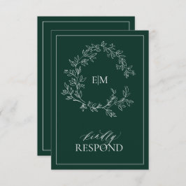 Emerald Green Leafy Crest Monogram Wedding RSVP