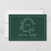 Emerald Green Leafy Crest Monogram Wedding RSVP (Voorkant)