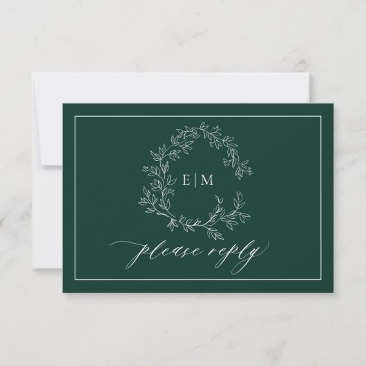 Emerald Green Leafy Crest Monogram Wedding RSVP (Voorkant)